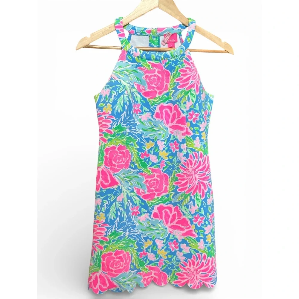 Lilly Pulitzer Girls Scalloped Hem Shift Dress Blue Pink Floral Size 14‎